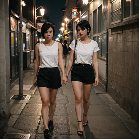 Girl with medium short black hair. Walking at night 