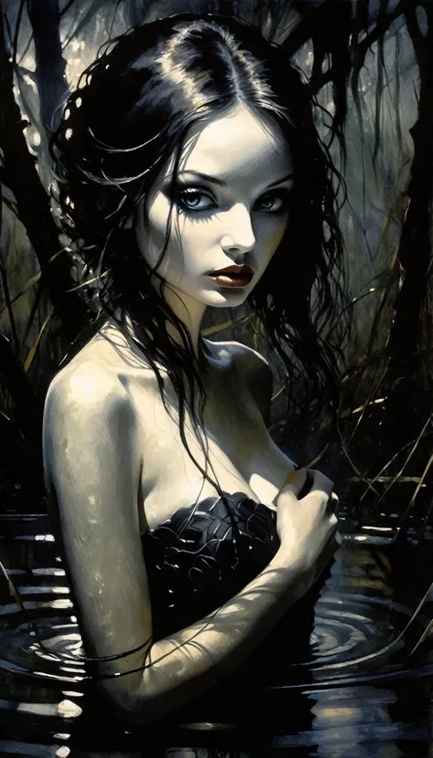 eroticism, sexy, black and white image, between shadows,in the water of a dark swamp, oil painting, dramatic lighting, dramatic contrast, chiaroscuro, detailed face, sensual expression, elegant pose, female figure, mysterious, moody, cinematic, dark romant...