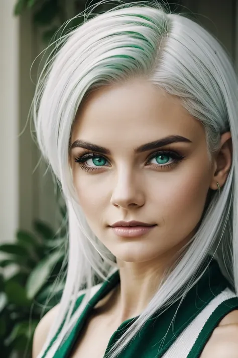 Girl with green eyes and white hair
