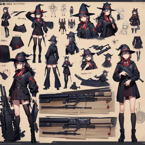 Magic Gun Master、He has a rifle.、Witch Hat、, 4 poses,(Character Sheet:1) (Multiple Views Full Body Upper Body Reference Sheet:1)