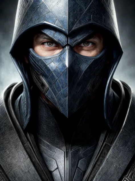 a portrait,close up head shot, sub zero from mortal kombat, detailed white eyes, black and sky blue armor, hood, veins on his arm, Intricate, High Detail, Sharp focus, dramatic, photorealistic painting art by greg rutkowsky,luis royo