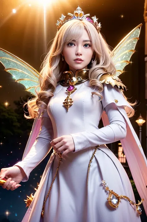 (Tabletop), Professional , masterpiece、Highest quality、Photo Real , Depth of written boundary （Gemstone Silver Metal Body:1.９),(Matt W White Pink、Jewel Gold Weapon、（Gorgeous castle background）、（The ultimate beauty）、（Rainbow fairy wings grow）、Particles of l...