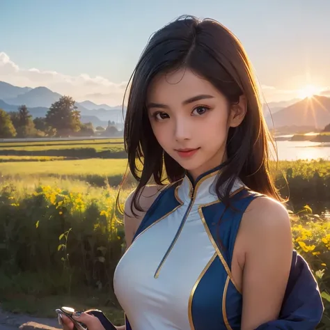 8k images, Shot with a high quality Fuji 45 camera..,000,Raw photo 000 pixels, best quality, Masterpiece:1.2), (realistic, photo-realistic:1.37), very detailed,
1 woman,cute, alone,Beautifully detailed sky,at night, Outdoors in the countryside there are fl...