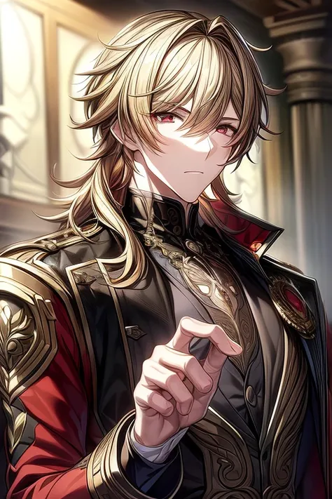 (masterpiece, best quality, perfect face, expressive eyes), 1boy, (anime), (male), golden blonde hair, red eyes, intricate details, coat, vest, gloves, 