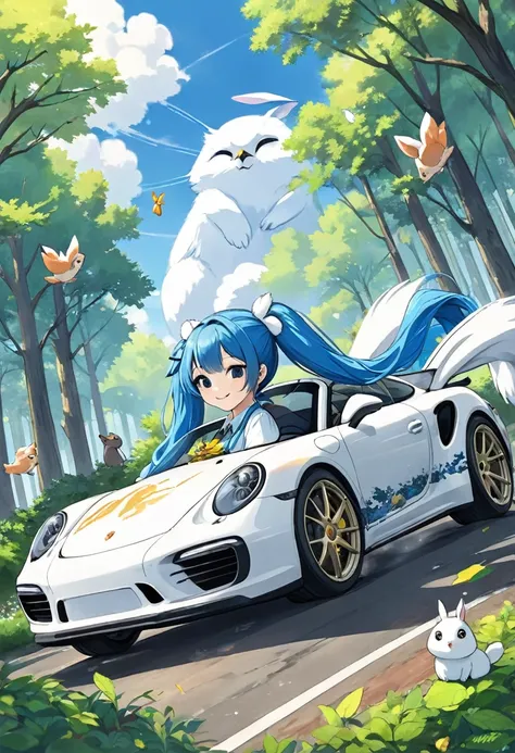 Drive a white Porsche through lush forests、Blue long hair、Beautiful girl with twin tails、Bigger in the center、Side view of the car、Splash art that makes you feel the wind、blue sky、White cloud、Bright smile、Friends of the Forest、squirrel、rabbit、owl