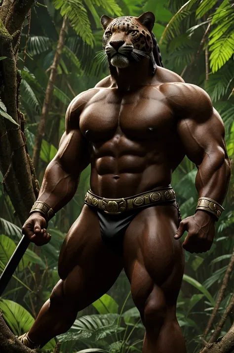 Very muscular pre-Hispanic warrior anthropomorphic jaguar in the jungle 3D