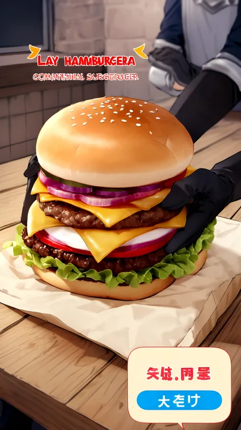 Fkay de prigaganda with well-stuffed artisanal burger on a wooden counter. Being safe with black-gloved hands.  Name of the burger " Lay Hamburgueria "