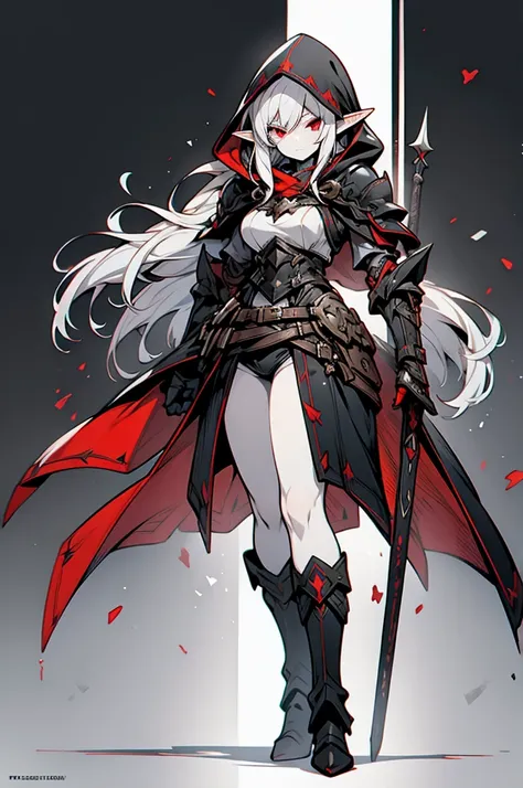 female elf rogue, silver hair, white skin, sinister black hooded cape, red eyes, leather armor, full body art, pointy ears.