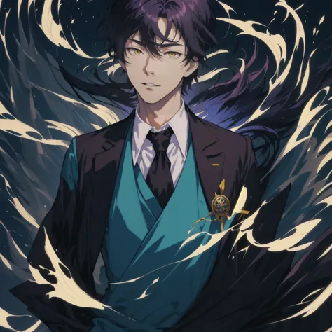 a cartoon image of a man in school clothes, auras with yellow rays, inspired by Okumura Masanobu, tall anime guy with yellow eyes, handsome guy in demon slayer art, inspired by Okumura Togyu, he is wearing a suit, Hajime Yatate, hijikata toushirou, portrai...