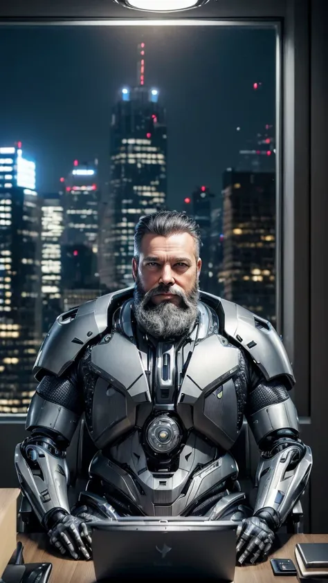 (reelmech: 1.5), CEO portrait photo of a 45-year-old man with a big beard, in a good mood, in a luxurious office, cyborg body, sitting at a desk overlooking the city (Artwork: 1.2) (photorealistic: 1.2) (bokeh) (best quality) (detailed skin) (complex) (8K)...