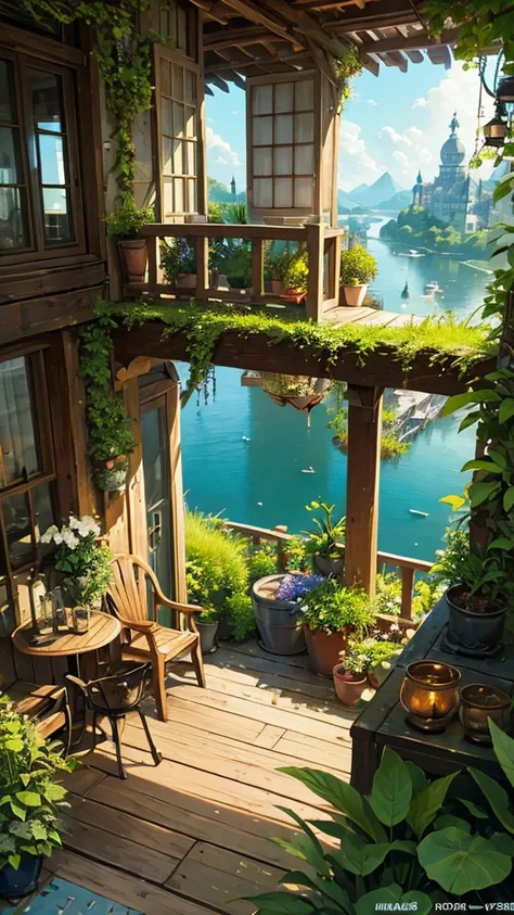 (micro landscape:1.5),(best quality), ((masterpiece)), (high resolution), illustration, The original, Very detailed wallpaper, No human, window, landscape, plant, water, potted plant, outDoors, architecture, Door, house, flower pot, sky, lily pad, Chair, f...