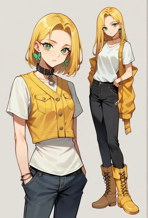 girl, portrait, illustration, by rubio , look at the viewer, green eyes, Wearing a white t-shirt, a yellow leather vest and black pants, medium-high ankle boots , collar, earrings, slim body beja de estatura has a butterfly tattoo on her right arm she has ...