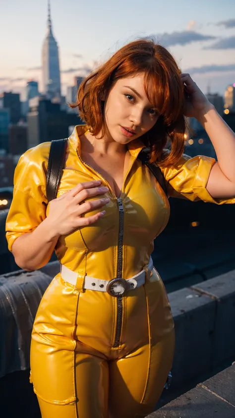 (masterpiece), (best quality), (solo character), (large breasts), (photorealistic:1.4), (chr1sh3n wearing white belt), (apriloneil costume, jumpsuit), (yellow latex jumpsuit), (apriloneil hairstyle), (apriloneil white belt), (apriloneil boots), (aprilonei ...