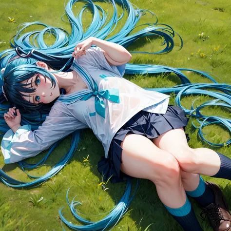 Miku Nakano with long black hair, a short blue skirt, a short white t-shirt with blue edges, lying on the green grass and with a provocative acara 