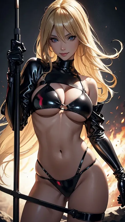 blonde hair, hair blonde in panties and black bikini, with black latex cover, black latex bikini, medieval armor, black latex may, big black cover (best qualityer,ultra detali,photorrealistic:1.37),bright and vibrant colors,studio lighting,Playful expressi...