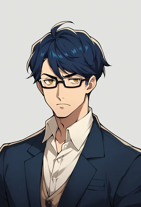 man with serious expression, dark blue hair, glasses