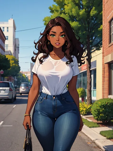 ((Masterpiece)), ((best quality)), 1 irl, gorgeous black African American 20 year old woman, perfect face, perfect curvy body, perfect long wavy brown hair, beautiful green eyes, slim thick, wearing brown flannel, blue jeans, walking on the side walk, outd...