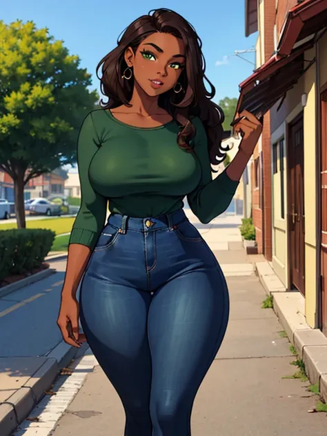 ((Masterpiece)), ((best quality)), 1 irl, gorgeous black African American 20 year old woman, perfect face, perfect curvy body, perfect long wavy brown hair, beautiful green eyes, slim thick, wearing brown flannel, blue jeans, walking on the side walk, outd...