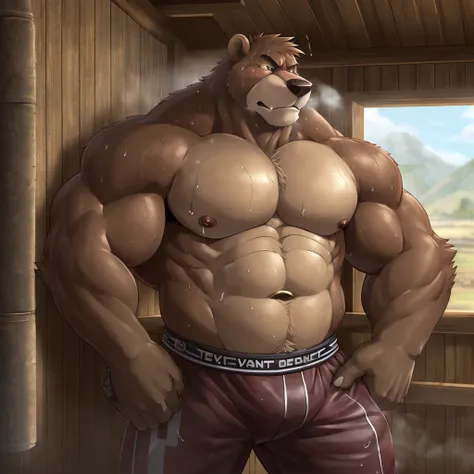 ((solo)), (anthro:1.2) bear (lora; little john), adult, (athletic:1.4), (dense muscles), (super strong:1.4), (correct anatomy:1.2), (broad shoulders:1.2), (heavy build, massive body:1.6), (realistic fur, detailed brown fur texture:1.3), detailed background...