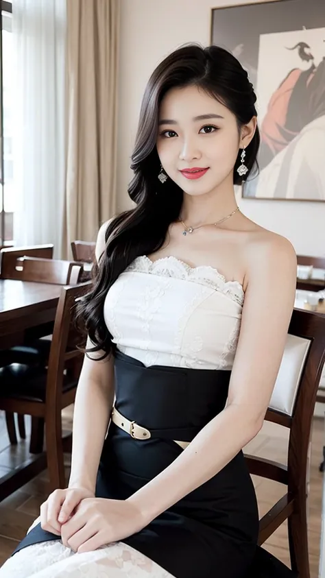 ((Top quality, 8K, masterpiece: 1.3)), beautiful girl, pure, Oval face, Kind and lovely, sweet smile, pure desire, slim body, (front), (Tilting your head), ((Looking at the camera) ), Wearing a colorful suit, Black silky long hair, Long shoulders, Big roun...