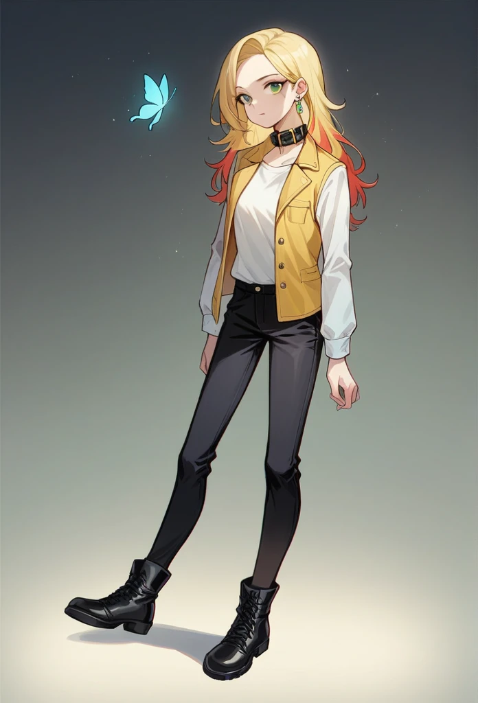 girl, portrait, illustration, SHE HAS BLONDE HAIR ,green eyes, Dressed in a white t-shirt, a yellow leather vest, long sleeves and black pants, high black ankle boots., collar, earrings, slim body short height has a butterfly tattoo on her right arm has re...