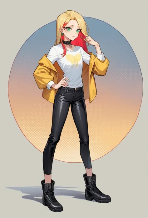 girl, portrait, illustration, SHE HAS BLONDE HAIR ,green eyes, Dressed in a white t-shirt, a yellow leather vest, long sleeves and black pants, high black ankle boots., collar, earrings, slim body short height has a butterfly tattoo on her right arm has re...