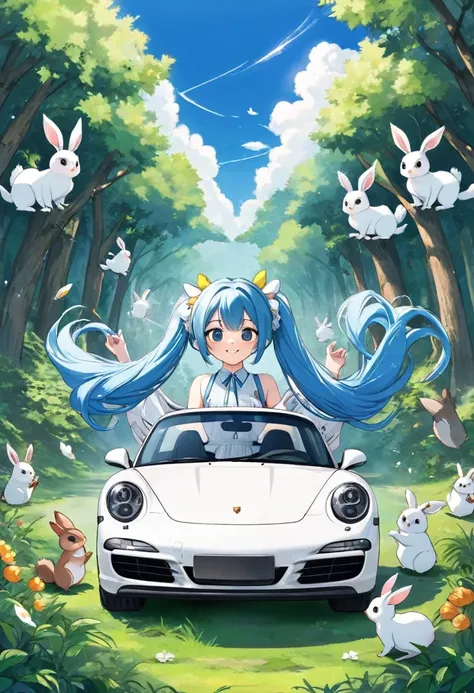 Drive a white Porsche through lush forests、Blue long hair、Beautiful girl with twin tails、Bigger in the center、Side view of the car、Splash art that makes you feel the wind、blue sky、White cloud、Bright smile、Friends of the Forest、squirrel、rabbit、owl