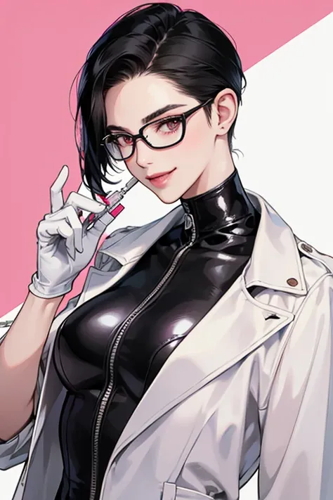 A mature woman with short black hair, slicked back and glasses, wearing a white coat and a black catsuit in a hospital room, wearing long pink rubber gloves and holding a syringe, smiling gently