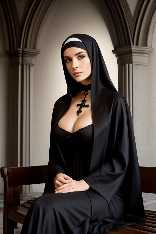 woman nun in black robe sitting on a bench in the church, Beautiful italian woman, a sexy girl, a beautiful, big open breasts, photo of a beautiful, Young sexy woman, beautifully soft lighting, The Goddess, woman, detailed eyes and face, beautiful detailed...