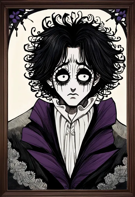 adult man, Bblack hair, tired expression, art style drawing gothic tim burton, portraite