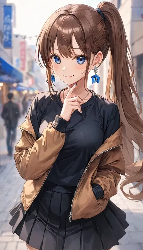 One Girl, Ahoge,ponytail, bangs, black skirt, black sweater, Blue Claws, Blurred, Blurred background, chest, Brown eyes, Brown Hair, brown jacket, Mouth closed, Day付付き, Day, Written boundary depth, Earrings, eyelash, Please raise your hand, Tilt your head,...