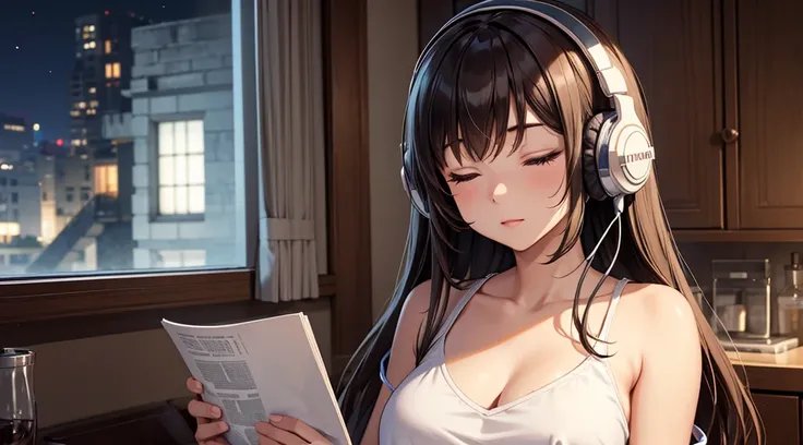 Girl with headphones enjoying music in a home　I am studying　Emphasize a little bit of the big chest　Looking towards me with eyes closed　Night Background