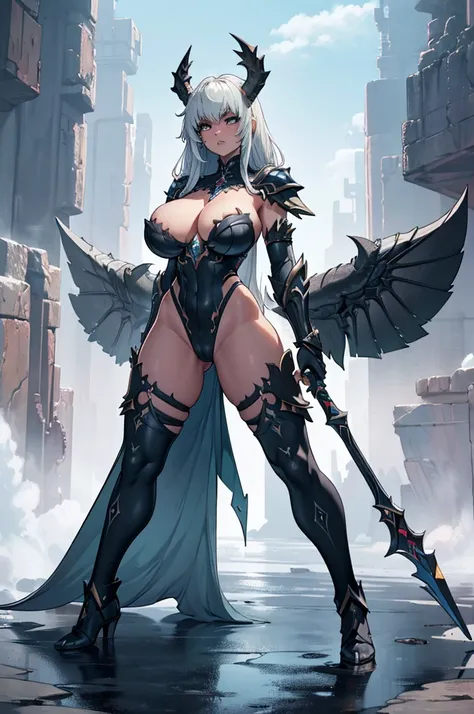 (masterpiece, best quality, high resolution, ((full body, standing,)), ((huge breasts)) 1 a savage-looking nomadic warrior, wearing full-body savage vestia armor, savage vestia gloves with large claws, savage stance
((full body))