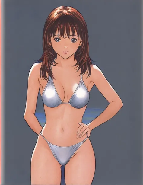 Iori is standing in a bikini with her hands on her hips, blushing and her mouth open.。