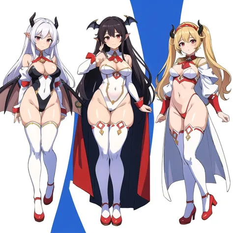 masterpiece, best quality, 3 girls, variety of hairstyles, ((white background)), full body, multiple views, succubus, dragon horn, white outfit, thong, shrug, leotard, 
