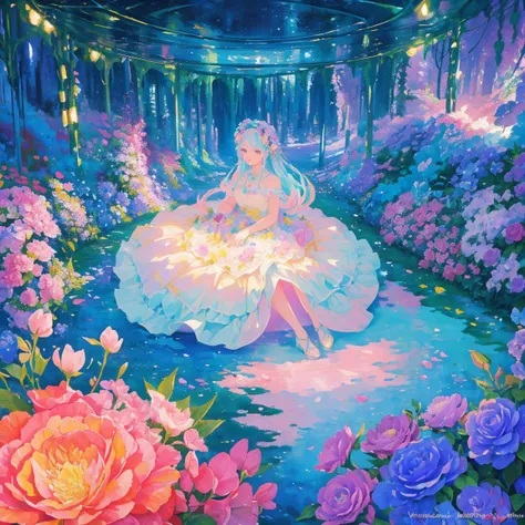 florals ，Colorful flowers ，background are the flowers，Surrounded by flowers，Seamless design，Fantasy Forest, neonlight, Realistic, Glow，Manhwa Style, Paint with vivid watercolors ,extremely detaile, highly detailed, tmasterpiece, Fairy tale background, in w...