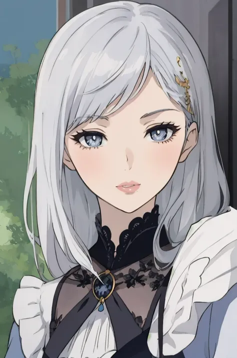 anime style, woman with long white hair, blue eyes, she wears a noble's elegant dress, lips, portrait,