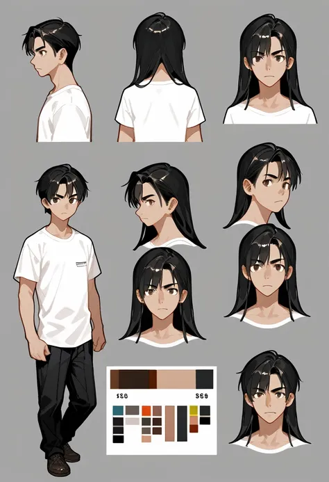 (character sheet:1.2),a 20 years old boy ,black hair, wearing a t-shirt and pant,line art ,,character sheet detailed, T-pose detailed ,anime studio Style, standard quality,3 different angles, highly detailed body parts.,simple background,