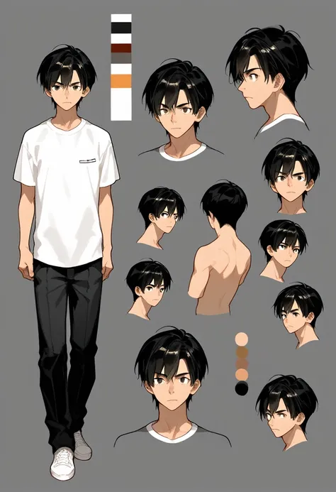 (character sheet:1.2),a 20 years old boy ,black hair, wearing a t-shirt and pant,line art ,,character sheet detailed, t-pose det...