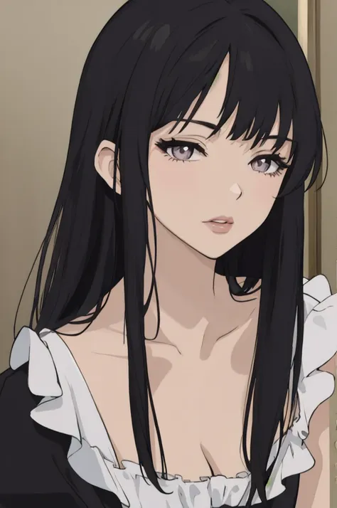 anime style, woman with long black hair, silver eyes, she wears a noble's elegant dress, lips, portrait,