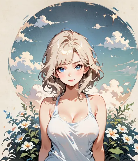 avoid showing your breasts、gardenia flower、large white flowers、cartoon style character design，1 girl, alone，cool expression，tank...