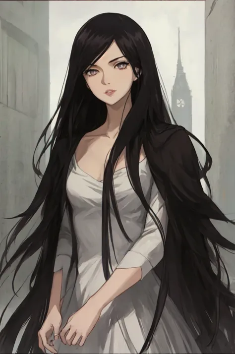 anime style, woman with long black hair, silver eyes, she wears a nobles elegant dress, lips, portrait,