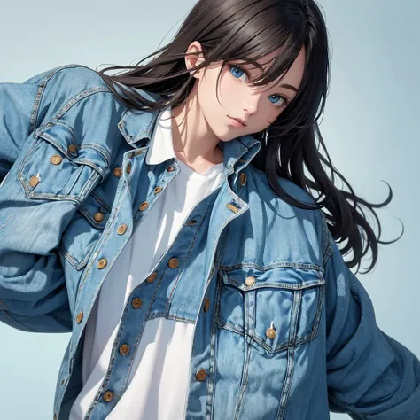 A high-quality image of a casual light blue denim jacket. The jacket should be displayed on a plain white background with no human figure. The style should be modern and trendy.