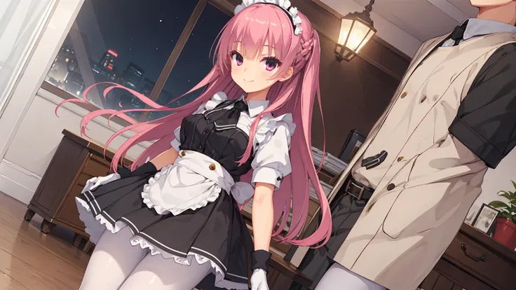 a girl，solo，Long pink hair，gentle，Smile，medium long hair，Distribute，black maid outfit，short skirt ，black gloves,night,digital punk, indoors，((White pantyhose))，white underwear，sansilinglai、character-centered