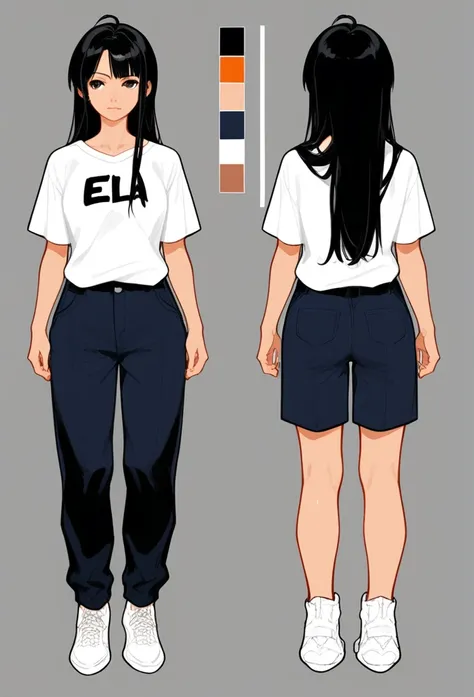 (character sheet:1.2),a 20 years old girl ,black hair, wearing a t-shirt and pant,line art ,,character sheet detailed, T-pose detailed ,anime studio Style, standard quality,3 different angles, highly detailed body parts.,simple background, ela é elfa