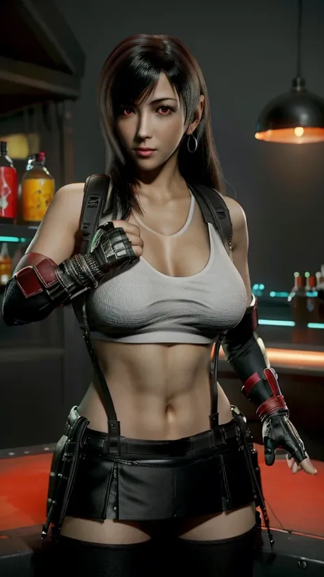 Tifa Lockhart in a neon night bar fully nude,deep huge cleavage,tiny waist,wide round hips,huge plump buttocks,visible vagina,sexy legs, red color eyes, jet black hair,sexy face,sunlight, highly detailed,