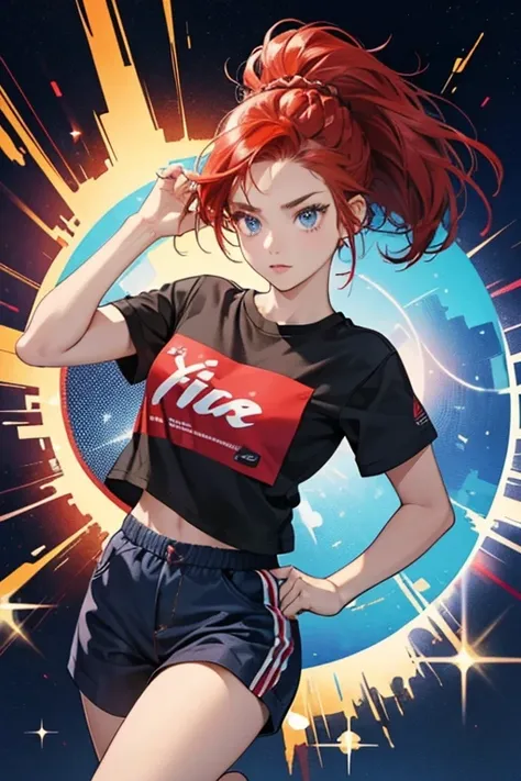 She is a girl with red hair in a braided ponytail. She has very dark skin, navy blue eyes, and wears a sporty casual outfit with the Twizzlers logo on it. Her hair is supposed to look like licorice. SPARKLE; GLITTER