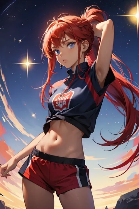 She is a girl with red hair in a braided ponytail. She has very dark skin, navy blue eyes, and wears a sporty casual outfit with the Twizzlers logo on it. Her hair is supposed to look like licorice. SPARKLE; GLITTER