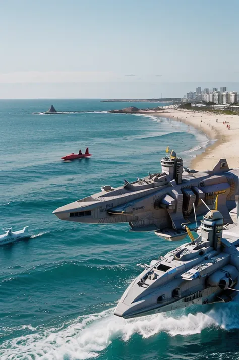 a spaceship floating over surfers and a beach towards an airport nearby, masterpiece, best, photo realistic