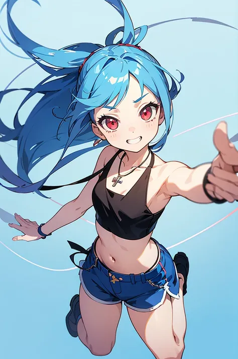 masterpiece, best quality, ultra detailed, a girl, grinning, jumping, looking at viewer, semi long, blue hair, with cross-shaped irises, red eyes, halter top, shorts, necklace, light blue background, flat background, kawaii, cute, anime